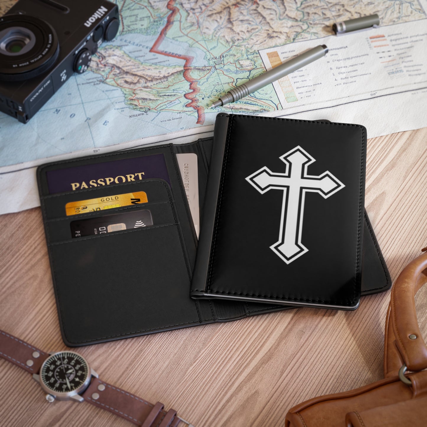 Christian Cross Passport Cover – Black Leather Travel Protector