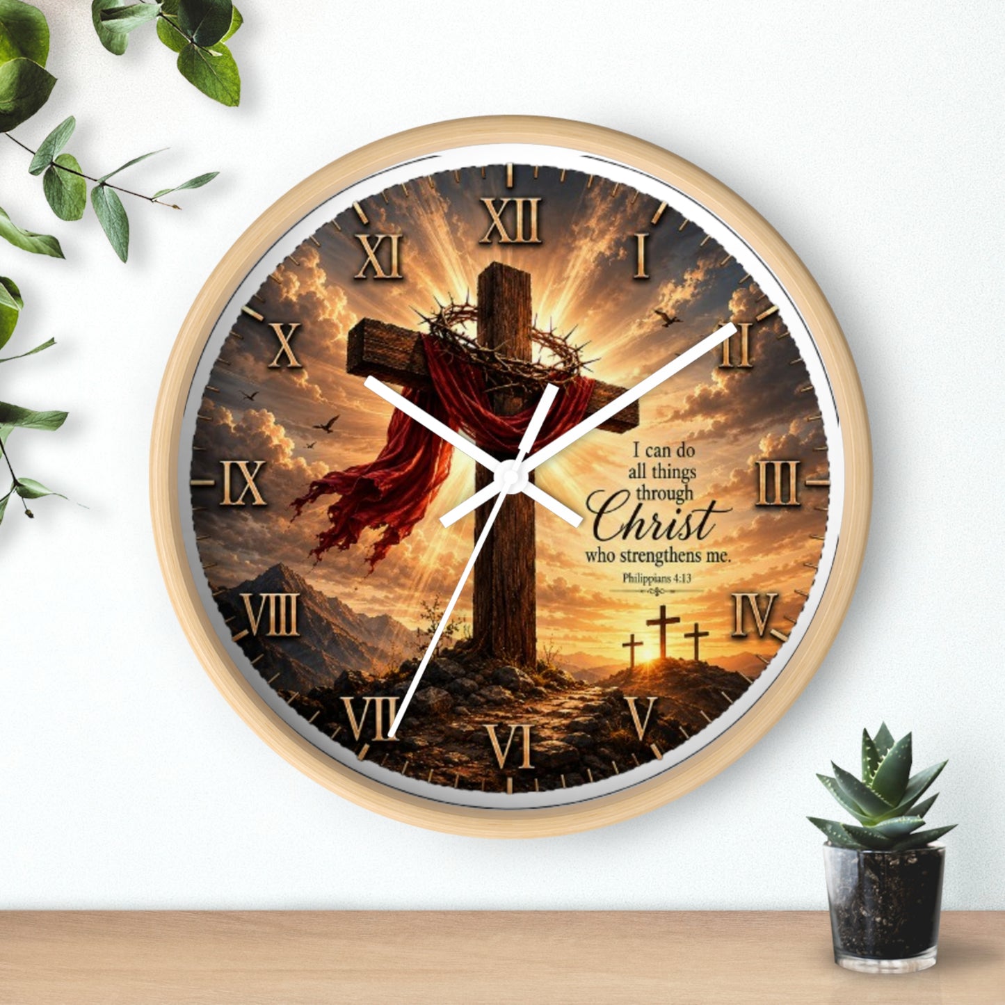 Christian Cross Wall Clock — "I can do all things through Christ" Inspirational Home Decor