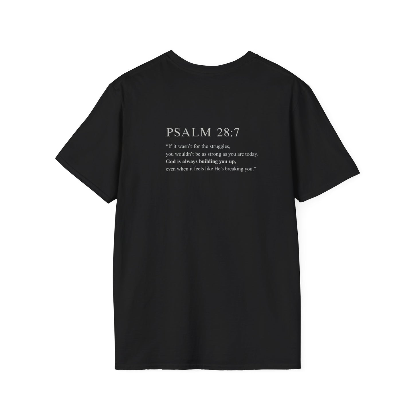 Cross and bible verse Chest T-Shirt — Small Embroidered Silver Cross Christian Tee