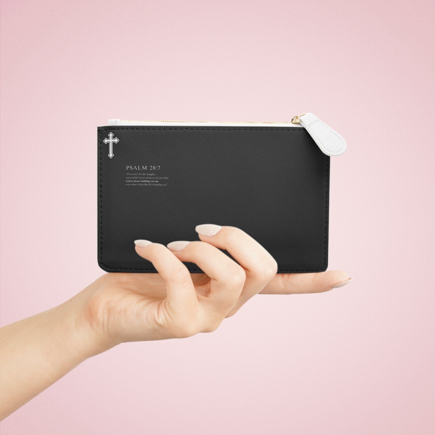 Mini Clutch Bag — Black Psalm 23:7 Cross Wristlet | Christian Inspirational Accessory
