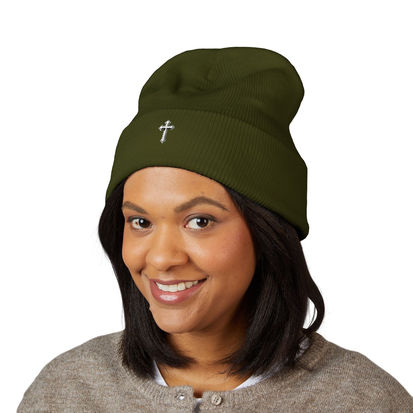Cross Cuffed Beanie — Streetwear Winter Hat, Religious Faith Accessory