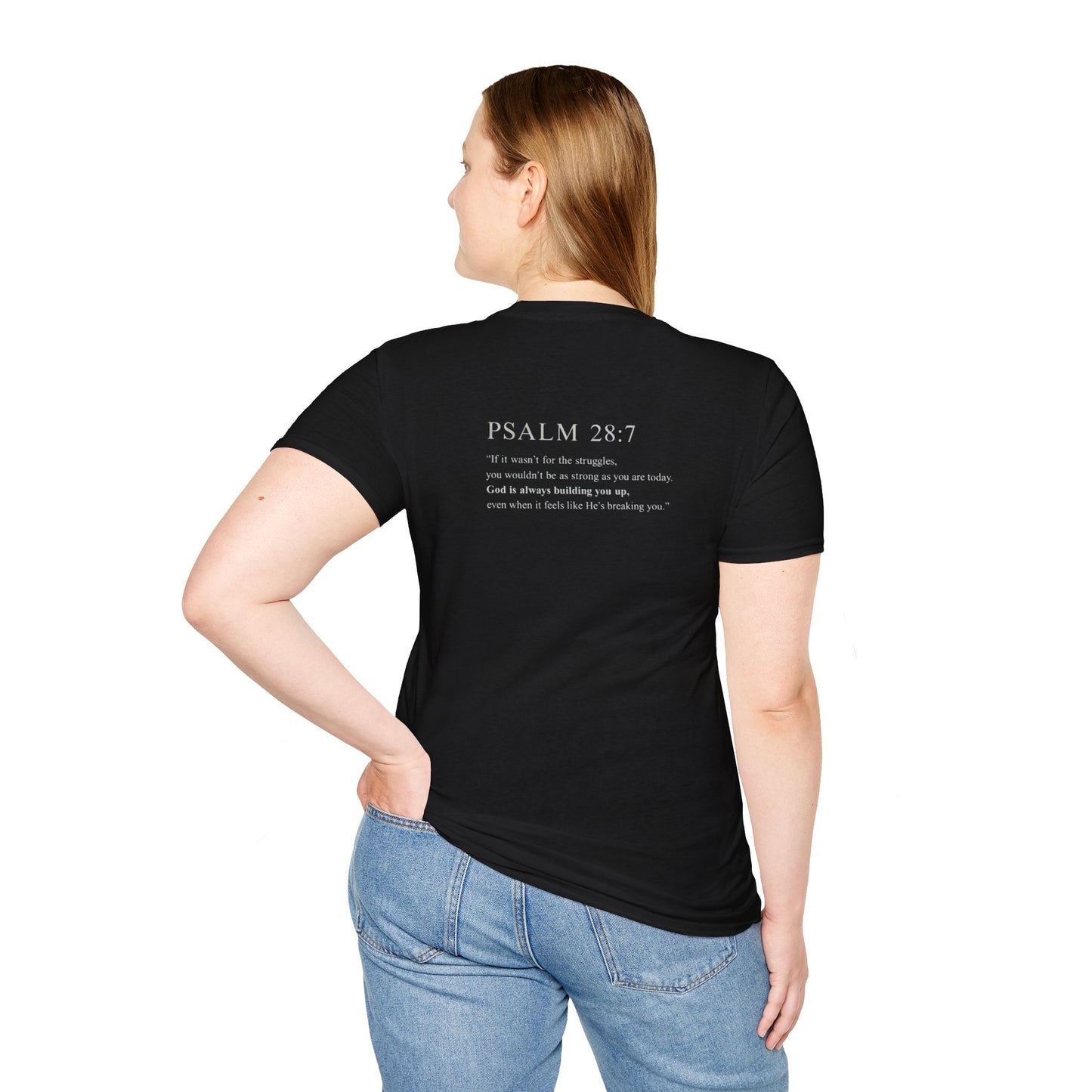 Cross and bible verse Chest T-Shirt — Small Embroidered Silver Cross Christian Tee