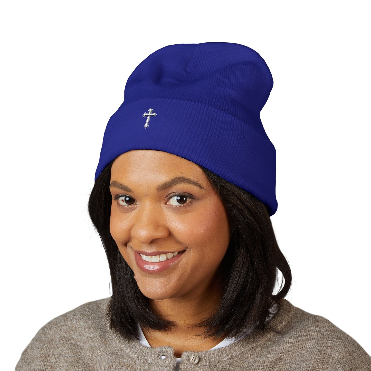 Cross Cuffed Beanie — Streetwear Winter Hat, Religious Faith Accessory