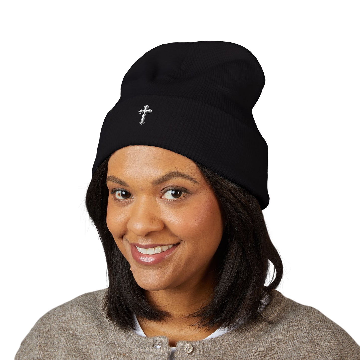 Cross Cuffed Beanie — Streetwear Winter Hat, Religious Faith Accessory
