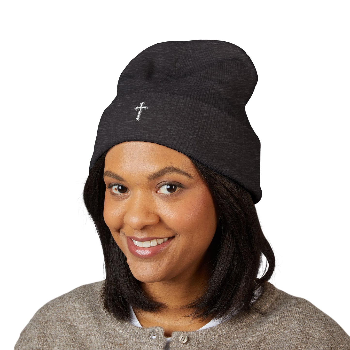 Cross Cuffed Beanie — Streetwear Winter Hat, Religious Faith Accessory