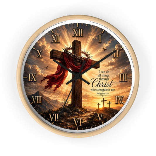 Christian Cross Wall Clock — "I can do all things through Christ" Inspirational Home Decor