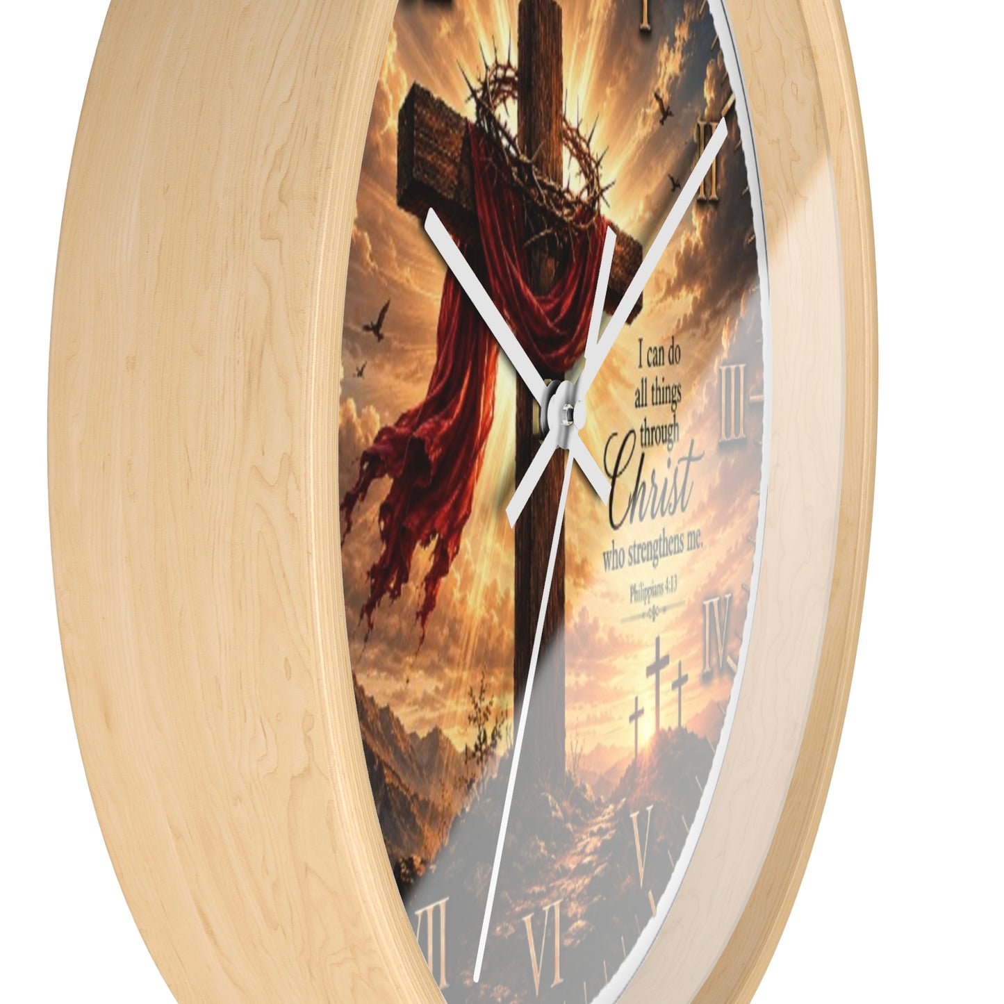Christian Cross Wall Clock — "I can do all things through Christ" Inspirational Home Decor