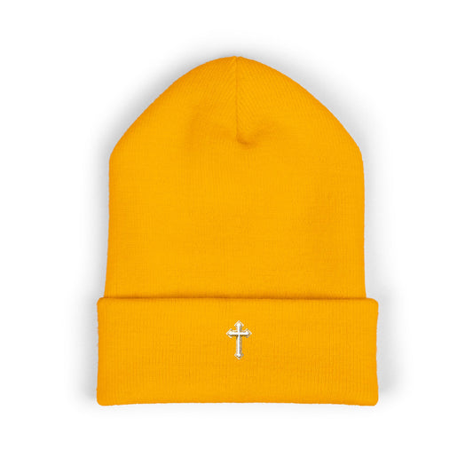Cross Cuffed Beanie — Streetwear Winter Hat, Religious Faith Accessory