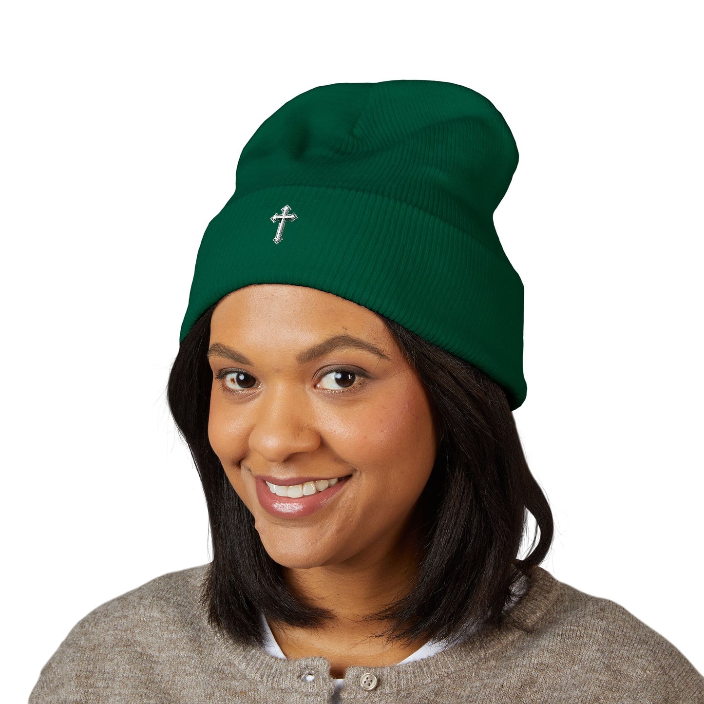 Cross Cuffed Beanie — Streetwear Winter Hat, Religious Faith Accessory